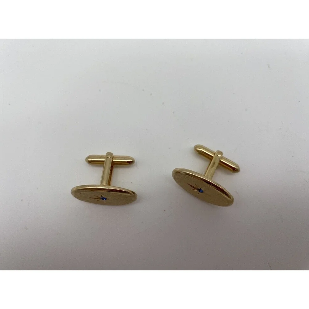 VTG AVON Star Etched Cufflinks With Blue Rhinestone‎ Gold Tone Oval